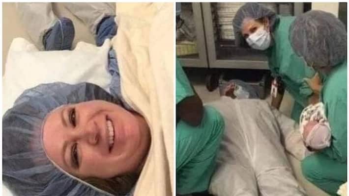 selfie by mother after the newborns father passes out in labour room selfie by mother after the newborns father passes out in labour room