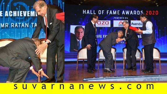 Infosys Co Founder Narayana Murthy touches Ratan Tata feet the picture goes viral Infosys Co Founder Narayana Murthy touches Ratan Tata feet the picture goes viral