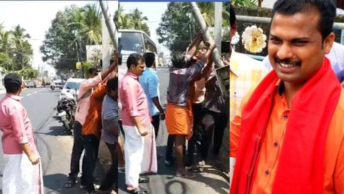 MLA Prashanth intervenes in time to remove dangerous telephone post across road MLA Prashanth intervenes in time to remove dangerous telephone post across road