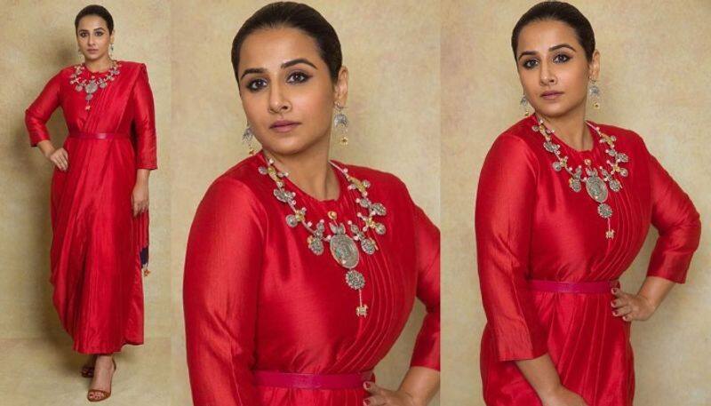 Vidya Balan wears a red dress like a sari
