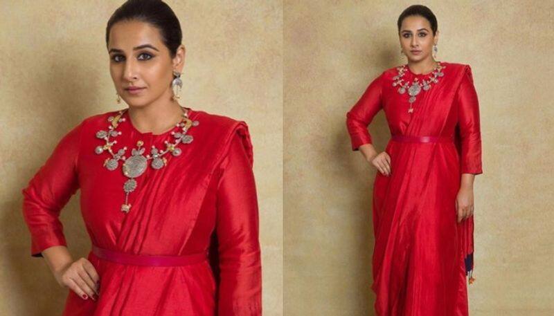 Vidya Balan wears a red dress like a sari