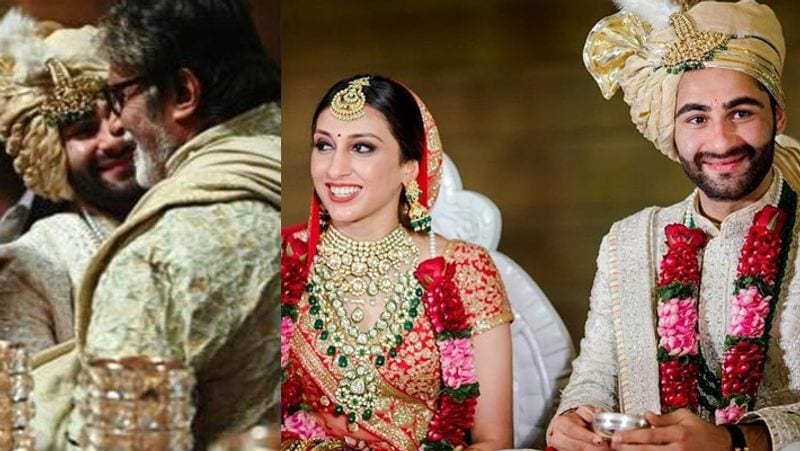 दूल्हे अरमान को गले लगाते अमिताभ बच्चन। पति के साथ नई नवेली दुल्हन अनीस मल्होत्रा।