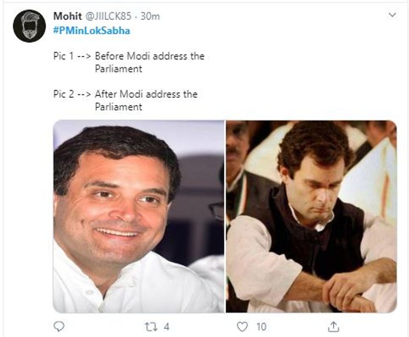 मोदी ने लोकसभा में राहुल गांधी का बिना नाम लिए ही जवाब दिया। जिसके बाद सोशल मीडिया यूजर मोहित ने राहुल गांधी के फनी तस्वीर शेयर की है।