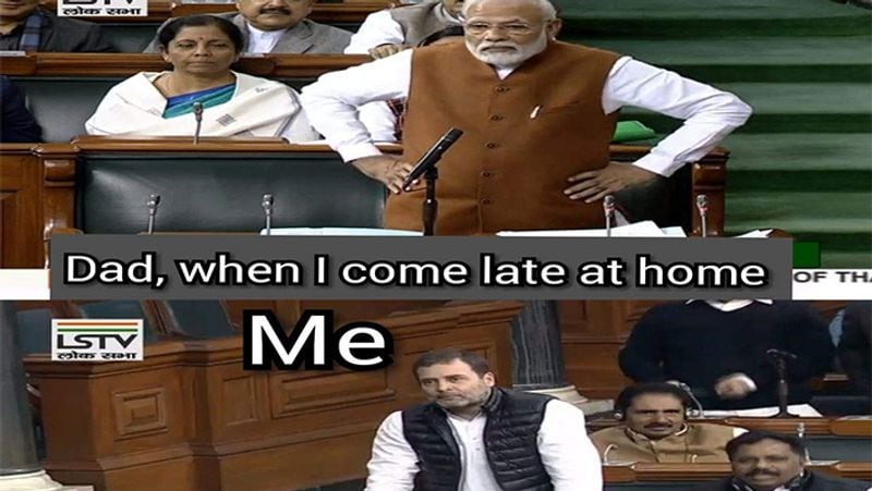लोकसभा में आज भाषण के दौरान पीएम मोदी के स्टाइल ने सभी लोगों को हैरान कर दिया। ट्वीटर पर एक यूजर ने मीम शेयर किया। जिसमें उसने यह बताने की कोशिश की है घर पर लेट पहुंचने पर पापा और बेटे के रिएक्शन कैसे होते हैं।