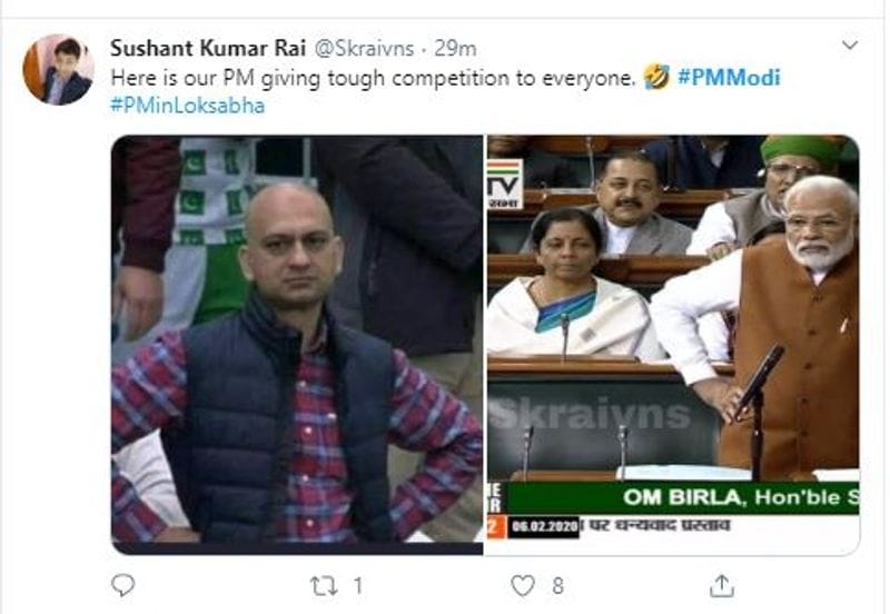 लोकसभा में जब पीएम मोदी जवाब दे रहे थे तो वह अलग-अलग अंदाज में दिखाई दिए। जिसको लेकर सुशांत कुमार राय नामक यूजर ने पीएम मोदी के स्टाइल का फनी मीम शेयर किया।