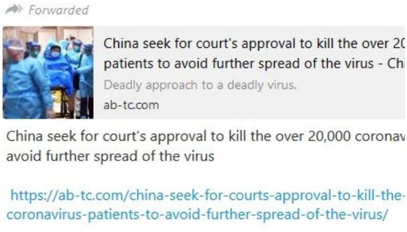 False News Alert china not seeks court approval to kill over 20000 coronavirus patients