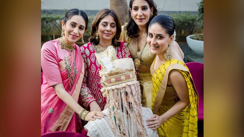 सेहरा बांधे अरमान जैन के साथ बहन करिश्मा और करीना कपूर।