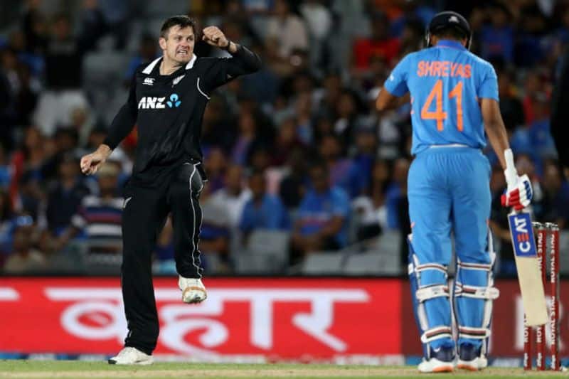 Hamish Bennett of the Black Caps celebrates the wicket of Shreyas Iyer of India during game two of the One Day International Series between New Zealand and India at at Eden Park on February 08, 2020 in Auckland, New Zealand.