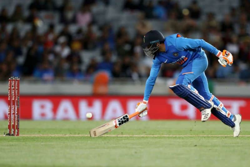Ravindra Jadeja of India runs back into his crease during game two of the One Day International Series between New Zealand and India at at Eden Park on February 08, 2020 in Auckland, New Zealand.