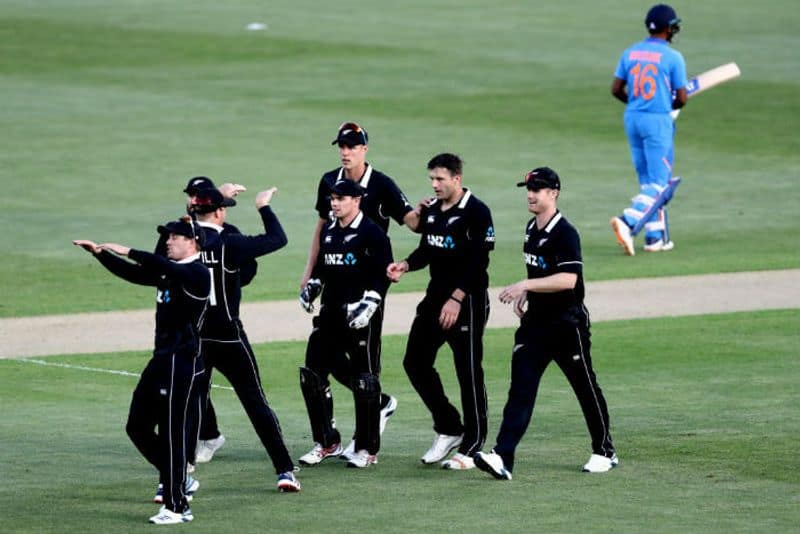 Hamish Bennett of the Black Caps celebrates the wicket of Mayank Agarwal of India during game two of the One Day International Series between New Zealand and India at at Eden Park on February 08, 2020 in Auckland, New Zealand.