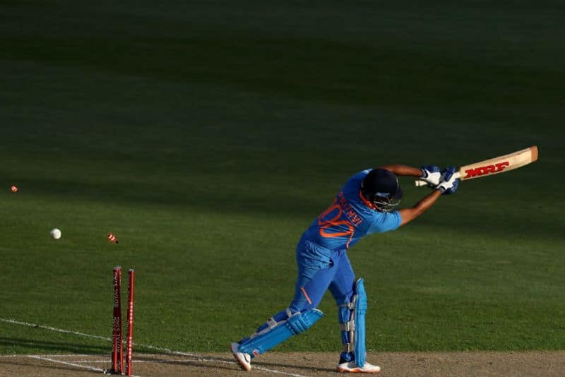 Prithvi Shaw of India is bowled by Kyle Jamieson of the Black Caps during game two of the One Day International Series between New Zealand and India at at Eden Park on February 08, 2020 in Auckland, New Zealand.