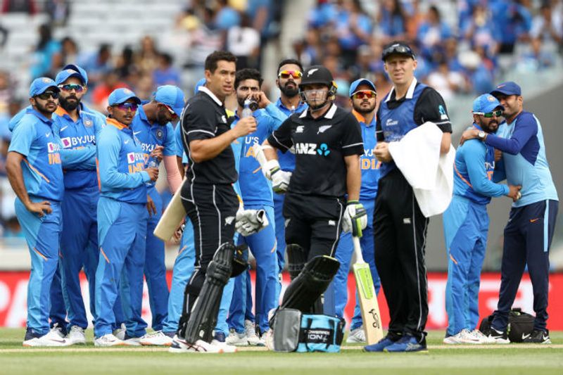 Ravindra Jadeja and India celebrates the wicket of Tom Latham of the Black Caps during game two of the One Day International Series between New Zealand and India at at Eden Park on February 08, 2020 in Auckland, New Zealand.