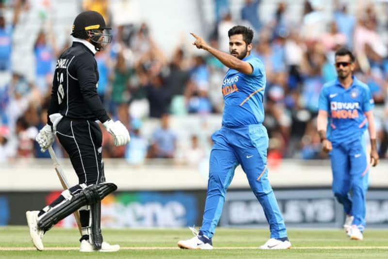 Shardul Thakur of India celebrates the wicket of Tom Blundell of the Black Caps during game two of the One Day International Series between New Zealand and India at at Eden Park on February 08, 2020 in Auckland, New Zealand.