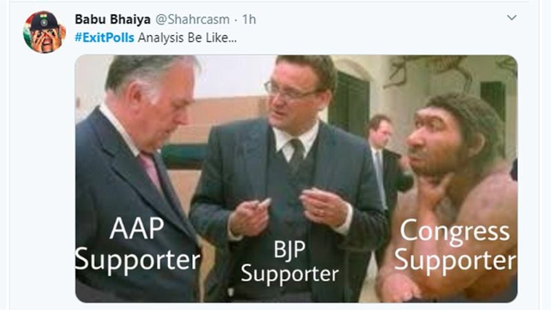 इस फोटो के जरिए बताने की कोशिश की गई है कि कैसे एग्जिट पोल्स के बाद आप, बीजेपी और कांग्रेस के कार्यकर्ता एनालिसिस कर रहे हैं।
