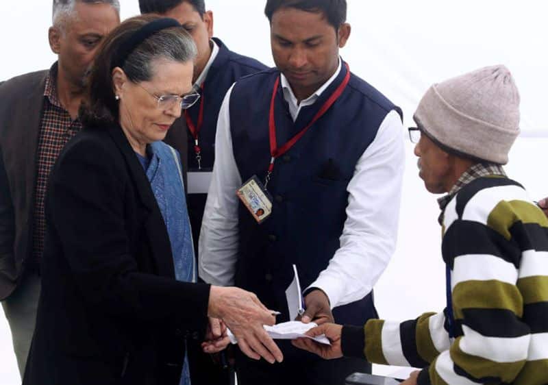 Congress President Sonia Gandhi during casting her vote for the Delhi Assembly election, in New Delhi on Saturday.