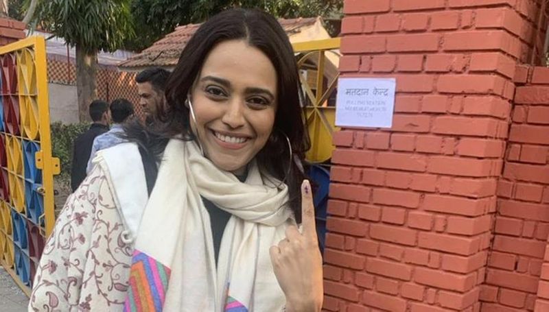 Delhi-based B-town celebrity Swara Bhaskar exercises her franchise in the Delhi Assembly elections on Saturday.