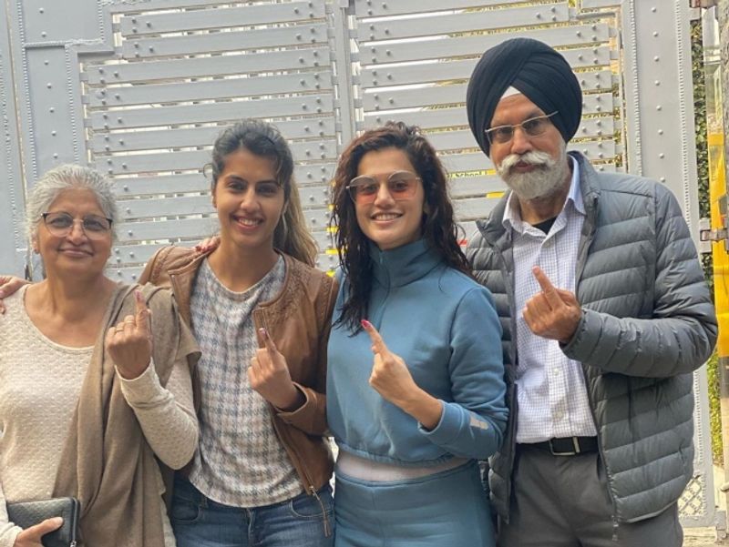 Delhi-based B-town celebrity Taapsee Pannu exercises her franchise in the Delhi Assembly elections on Saturday.