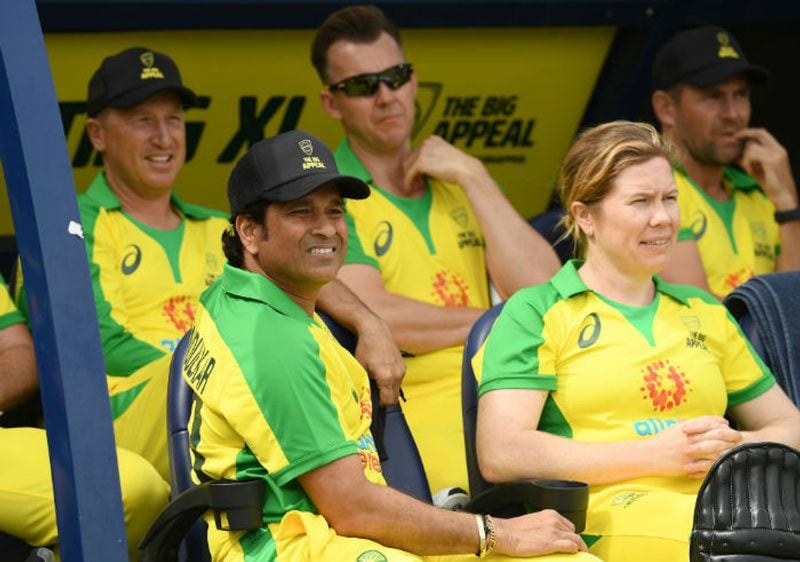 Sachin Tendulkar looks on during the Bushfire Cricket Bash T20 match between the Ponting XI and the Gilchrist XI at Junction Oval on February 09, 2020 in Melbourne, Australia.