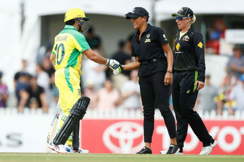 Sachin Tendulkar greets Australia players during the Bushfire Cricket Bash T20 match between the Ponting XI and the Gilchrist XI at Junction Oval on February 09, 2020 in Melbourne, Australia.