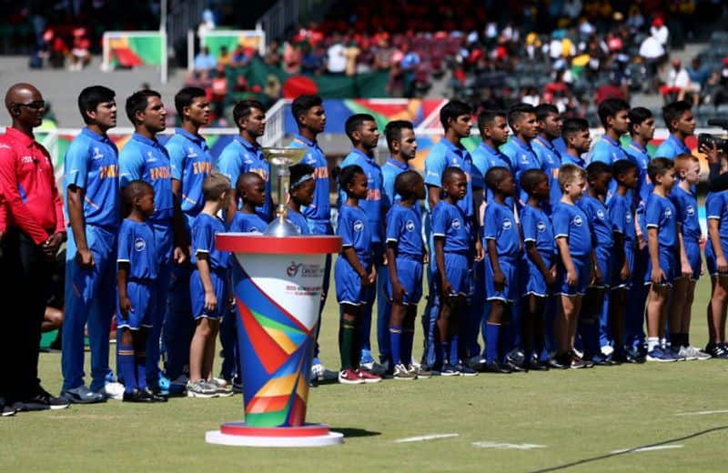 India players sing their national anthem during the ICC U19 Cricket World Cup Super League Final match between India and Bangladesh at JB Marks Oval on February 09, 2020 in Potchefstroom, South Africa. (Photo by Jan Kruger-ICCICC via Getty Images)
