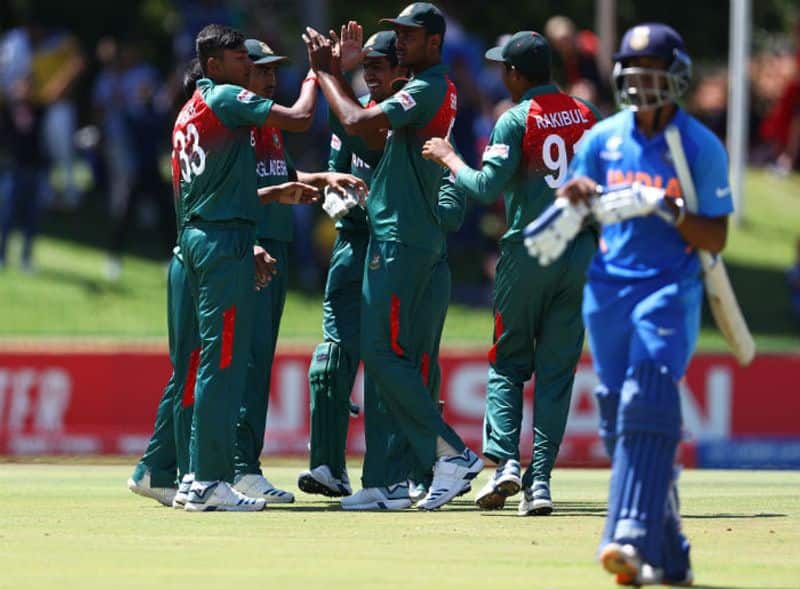 Avishek Das of Bangladesh celebrates the wicket of Divyaansh Saxena of India during the ICC U19 Cricket World Cup Super League Final match between India and Bangladesh at JB Marks Oval on February 09, 2020 in Potchefstroom, South Africa. (Photo by Matthew Lewis-ICCICC via Getty Images)
