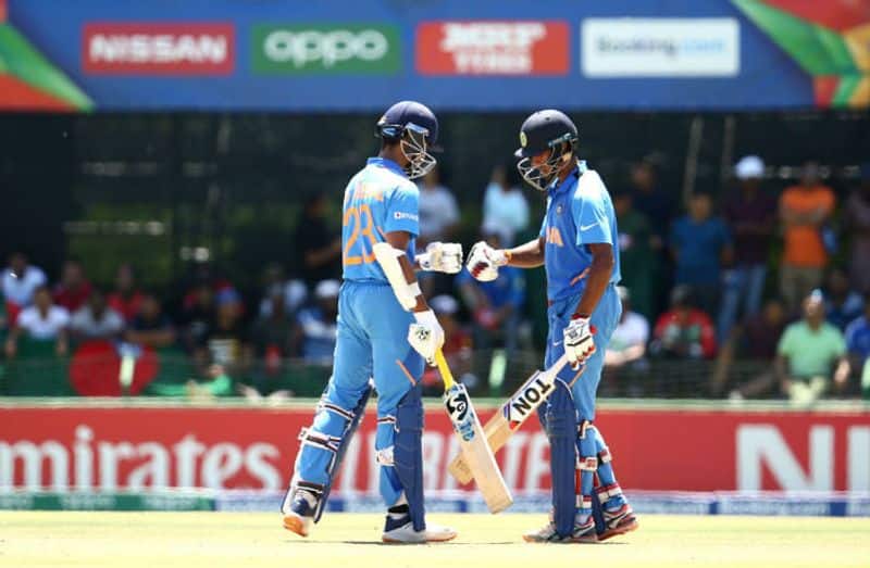 Yashasvi Jaiswal and Tilak Varma of India celebrate their partnership during the ICC U19 Cricket World Cup Super League Final match between India and Bangladesh at JB Marks Oval on February 09, 2020 in Potchefstroom, South Africa. (Photo by Jan Kruger-ICCICC via Getty Images)