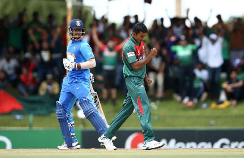Mohammad Tanzim Hasan Sakib of Bangladesh celebrates taking the wicket of Sushant Mishra of India during the ICC U19 Cricket World Cup Super League Final match between India and Bangladesh at JB Marks Oval on February 09, 2020 in Potchefstroom, South Africa. (Photo by Jan Kruger-ICCICC via Getty Images)