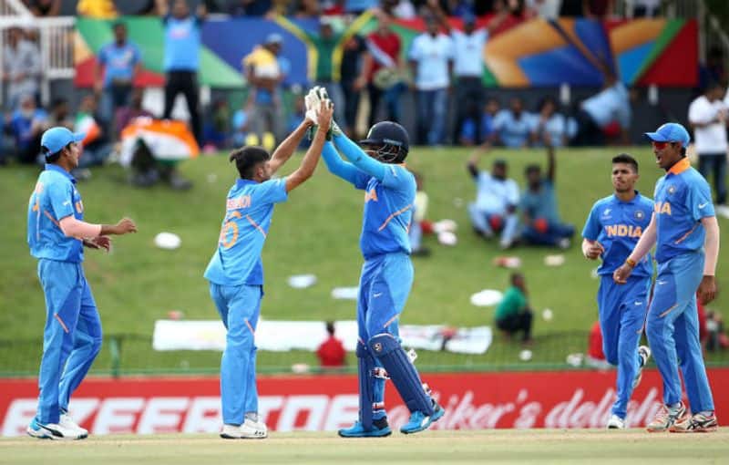 Ravi Bishnoi of India celebrates the wicket of Mahmudul Hasan Joy of Bangladesh during the ICC U19 Cricket World Cup Super League Final match between India and Bangladesh at JB Marks Oval on February 09, 2020 in Potchefstroom, South Africa. (Photo by Jan Kruger-ICCICC via Getty Images)