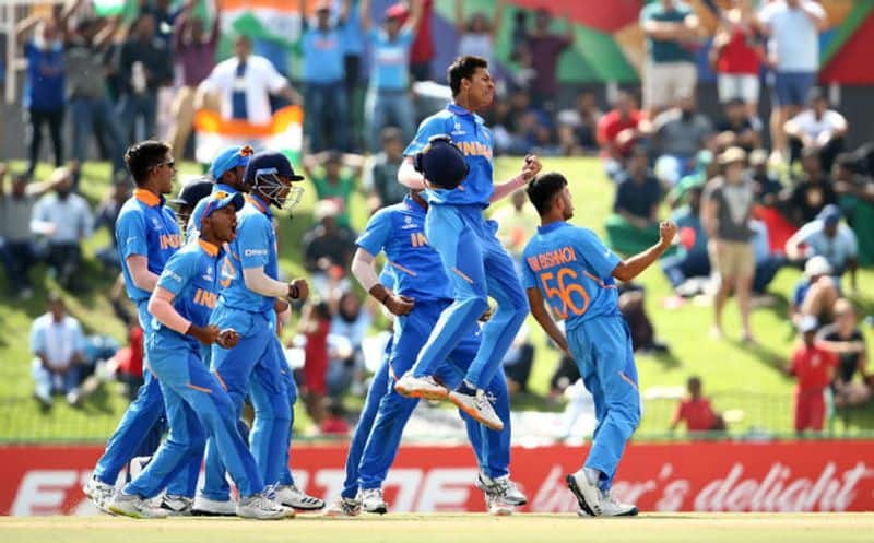 India players celebrate a stumping by Dhruv Jurel of India during the ICC U19 Cricket World Cup Super League Final match between India and Bangladesh at JB Marks Oval on February 09, 2020 in Potchefstroom, South Africa. (Photo by Jan Kruger-ICCICC via Getty Images)