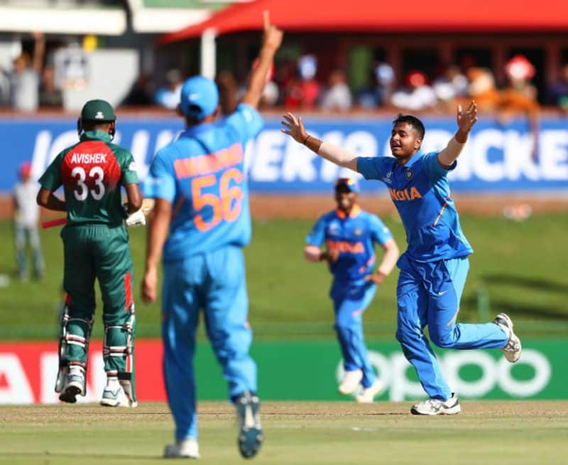 Sushant Mishra of India celebrates the wicket of Avishek Das of Bangladesh during the ICC U19 Cricket World Cup Super League Final match between India and Bangladesh at JB Marks Oval on February 09, 2020 in Potchefstroom, South Africa. (Photo by Matthew Lewis-ICCICC via Getty Images)