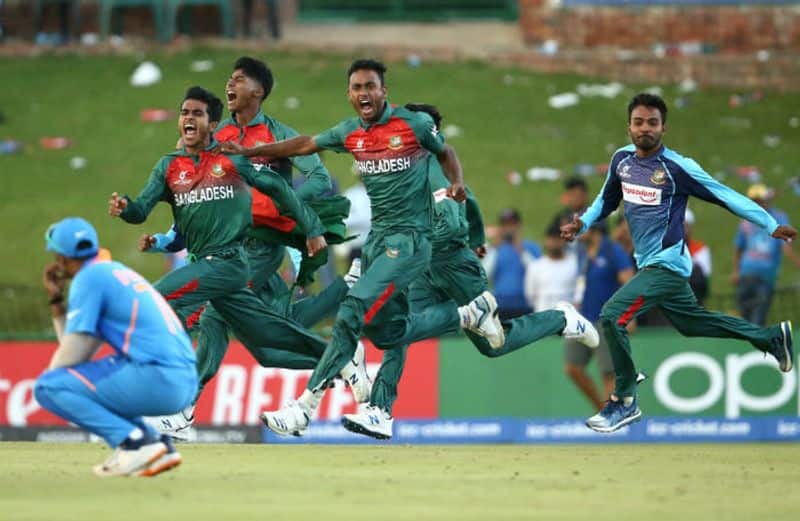 Bangladesh players celebrate following victory during the ICC U19 Cricket World Cup Super League Final match between India and Bangladesh at JB Marks Oval on February 09, 2020 in Potchefstroom, South Africa. (Photo by Jan Kruger-ICCICC via Getty Images)