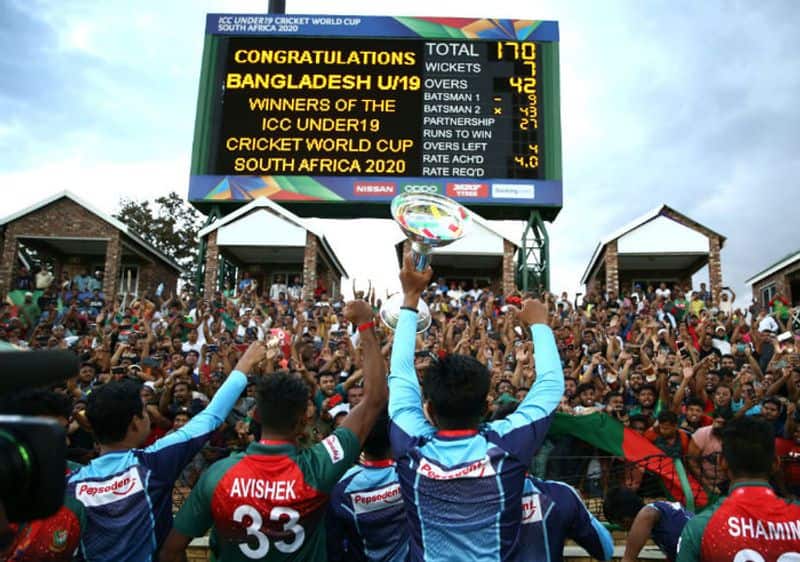 Bangladesh players celebrate with fans folowing victory during the ICC U19 Cricket World Cup Super League Final match between India and Bangladesh at JB Marks Oval on February 09, 2020 in Potchefstroom, South Africa. (Photo by Jan Kruger-ICCICC via Getty Images)