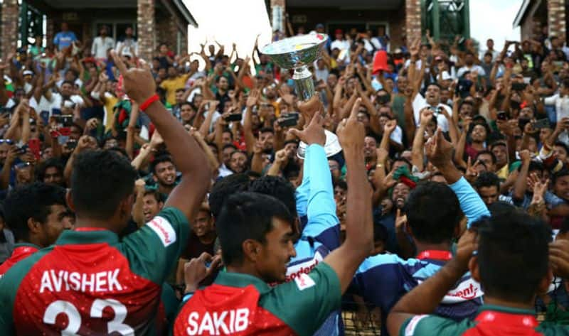 Bangladesh players celebrate with fans folowing victory during the ICC U19 Cricket World Cup Super League Final match between India and Bangladesh at JB Marks Oval on February 09, 2020 in Potchefstroom, South Africa. (Photo by Jan Kruger-ICCICC via Getty Images)