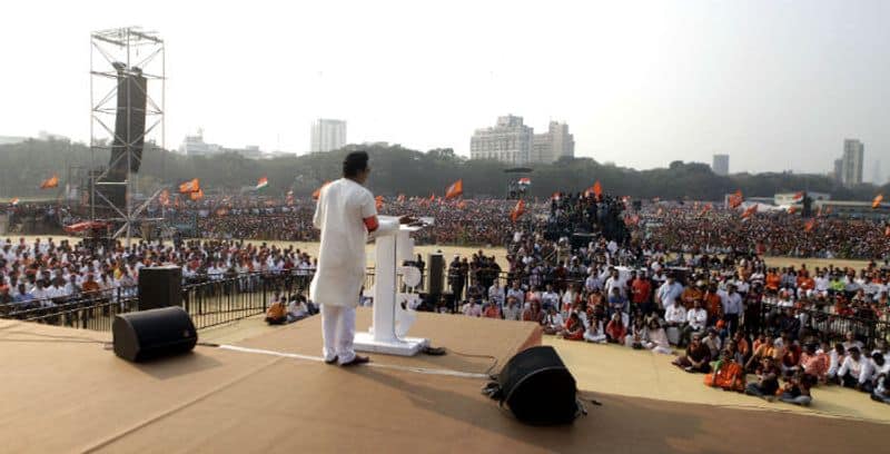 Maharashtra Navnirman Sena (MNS) Chief Raj Thackeray speaks during a rally from Marine Drive to Azad Maidan, demanding eviction of illegal immigrants from Pakistan and Bangladesh staying in India, in Mumbai on Sunday. (ANI Photo)