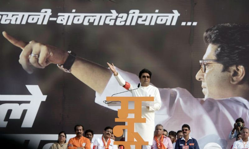 Maharashtra Navnirman Sena (MNS) Chief Raj Thackeray speaks during a rally from Marine Drive to Azad Maidan, demanding eviction of illegal immigrants from Pakistan and Bangladesh staying in India, in Mumbai on Sunday. (ANI Photo)