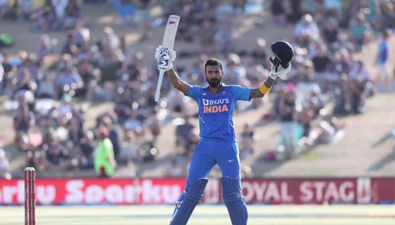 Rahul celebrates his century against New Zealand during the third ODI on Tuesday (February 11)