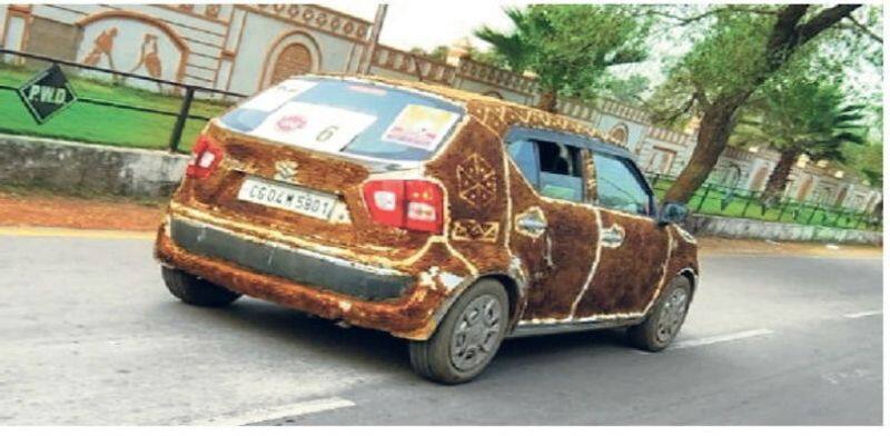 Cow dung covered maruti ignis car bags 1st prize in car rally raipur