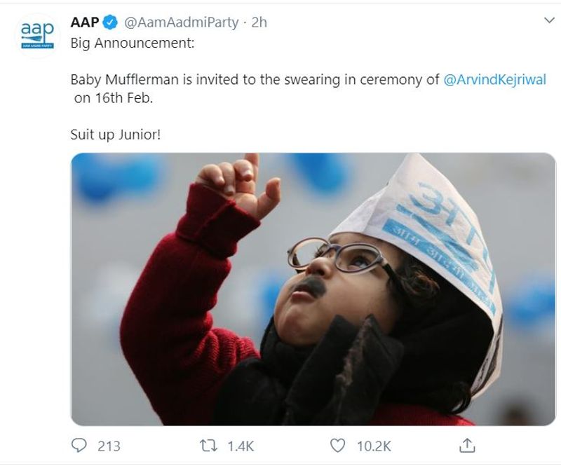 Baby Mufflerman is invited to the swearing in ceremony of cm arvind kejriwal KPP