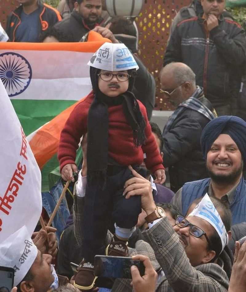 The baby is a one-year-old who shot to fame after he was spotted at the AAP office dressed like Kejriwal. AAP went on to call him the mini version, 'Mufflerman'.