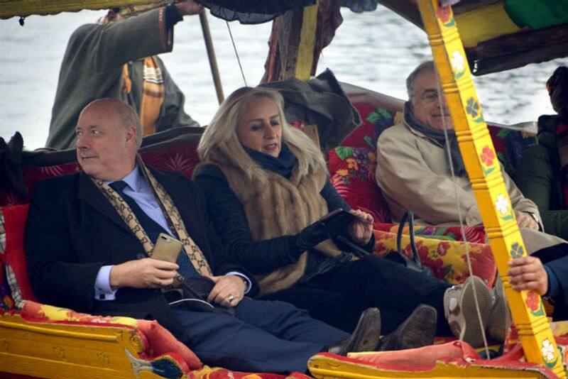 The 25 foreign envoys of the second batch take a Shikara ride during their visit, at Dal Lake in Srinagar on Wednesday. (ANI Photo)