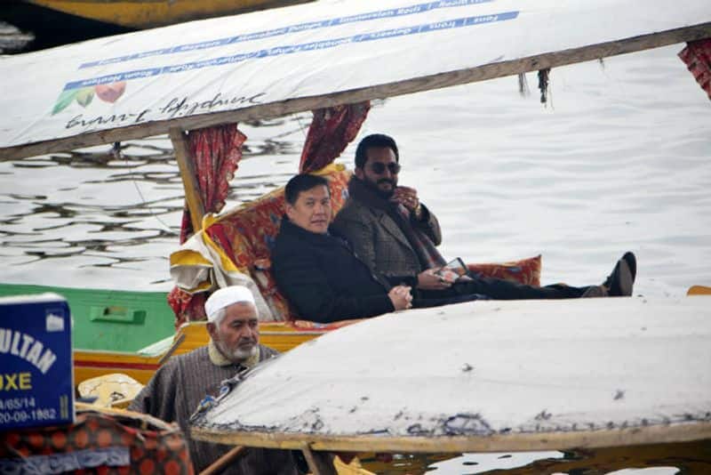The 25 foreign envoys of the second batch take a Shikara ride during their visit, at Dal Lake in Srinagar on Wednesday. (ANI Photo)