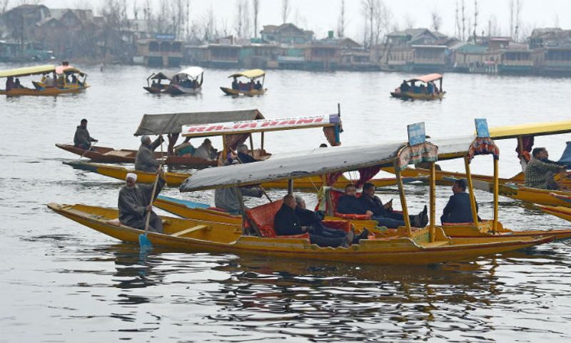 The 25 foreign envoys of the second batch take a Shikara ride during their visit, at Dal Lake in Srinagar on Wednesday. (ANI Photo)