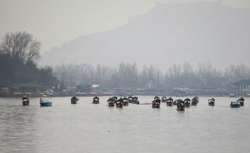 The 25 foreign envoys of the second batch take Shikara rides during their visit, at Dal Lake in Srinagar on Wednesday. (ANI Photo)