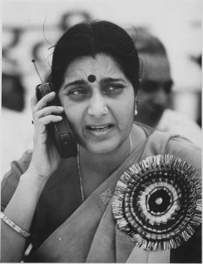 Archival photo of BJP leader Sushma Swaraj dated October 10, 1998. (Photo by Subhendu Ghosh Hindustan Times via Getty Images)