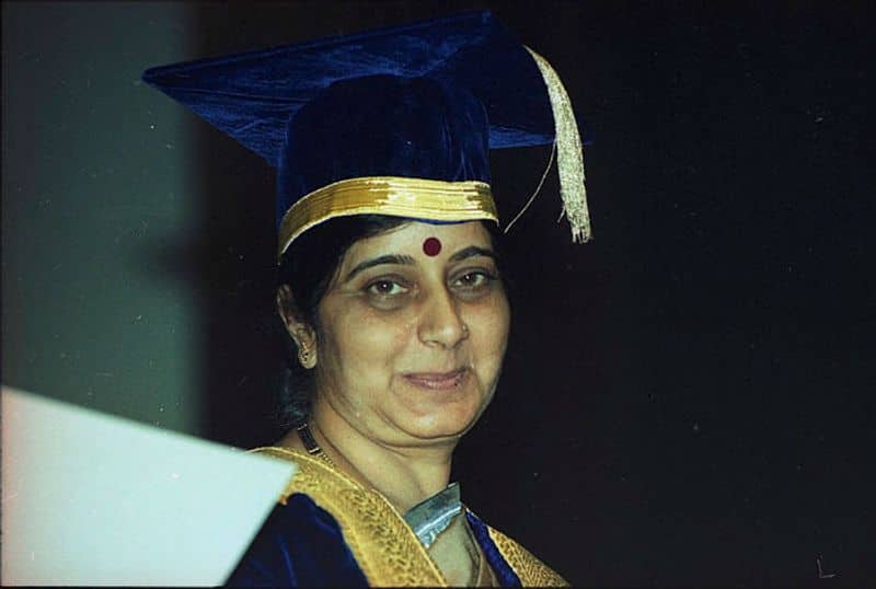 Minister of Health and Family Welfare Sushma Swaraj during AIIMS 38th Annual Convocation in New Delhi on March 8, 2003. (Photo by Sunil SaxenaHindustan Times via Getty Images)