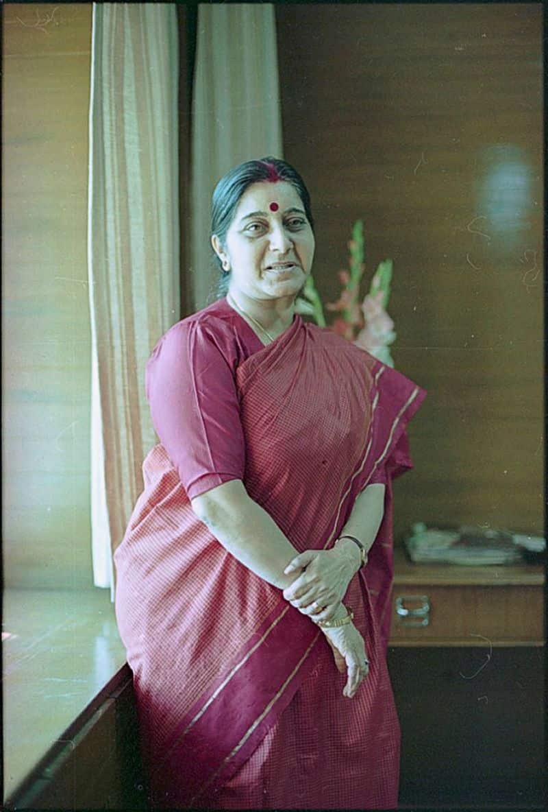 Archival photograph of BJP leader Sushma Swaraj dated November 13, 2001. (Photo by Raj K RajHindustan Times via Getty Images)
