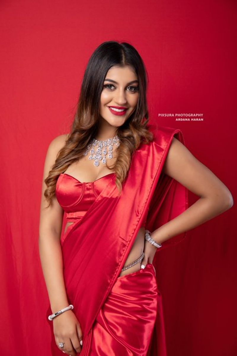 Big Boss Fame Yashika Anand Secret Tattoo Show in Hot Red Saree Photo Shoot