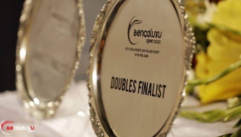 The Bengaluru Open doubles runners-up plaque is pictured at the KSLTA Stadium