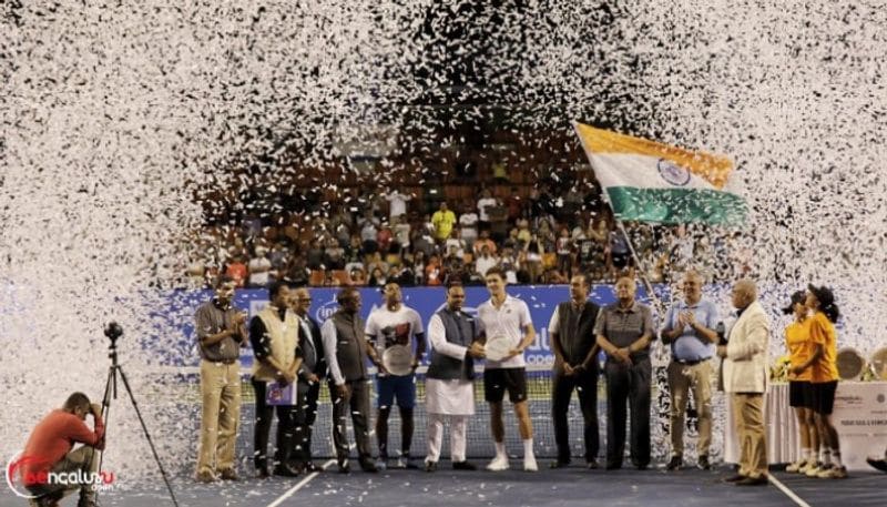 Leander Paes, his Australian partner Matthew Ebden and other dignitaries are pictured after the doubles final