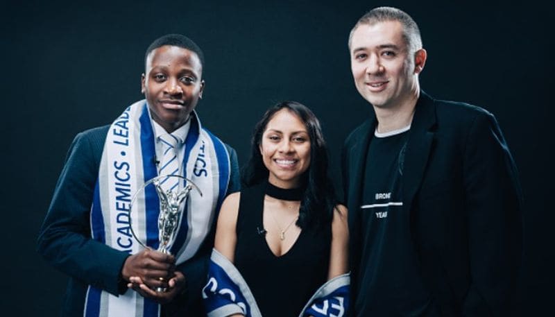 From left: Mohamed Konate, Maria Martinez Co-founder and Executive Director Andrew So,from South Bronx United winners of the Laureus Sport For Good Award pose at the Mercedes Benz Building prior to the 2020 Laureus World Sports Awards in Berlin